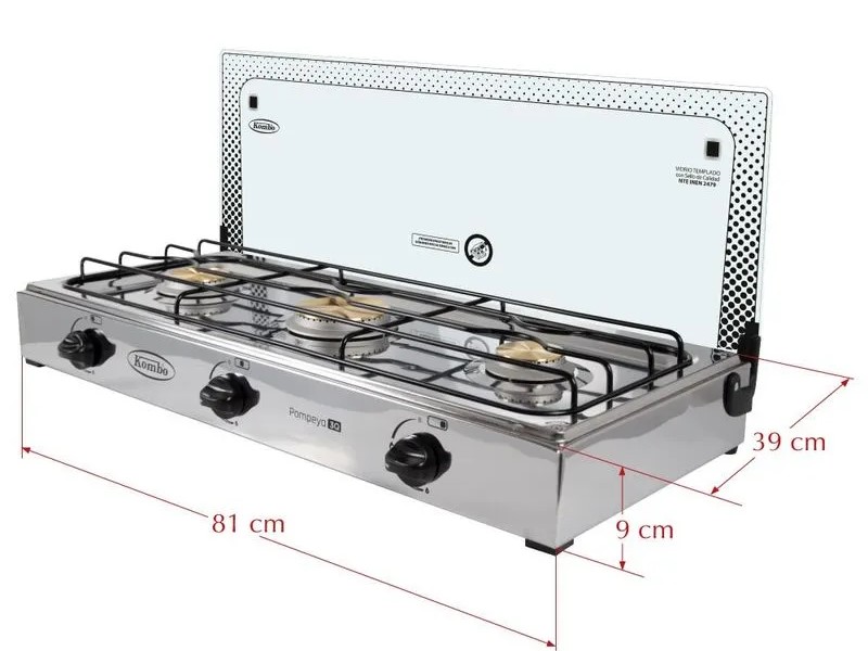 COCINETA A GAS POMPEYA 3Q TAPA VIDRIO -KOMBO