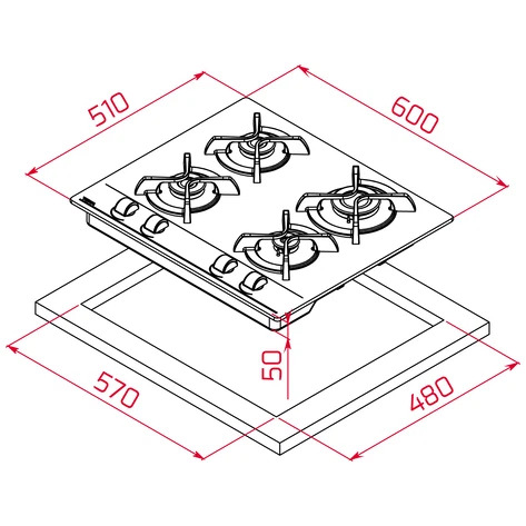 ENCIMERA EMPOTR A/GAS CRISTAL 4Q 60CM POTENCIA 7300W NEGRO/-TEKA