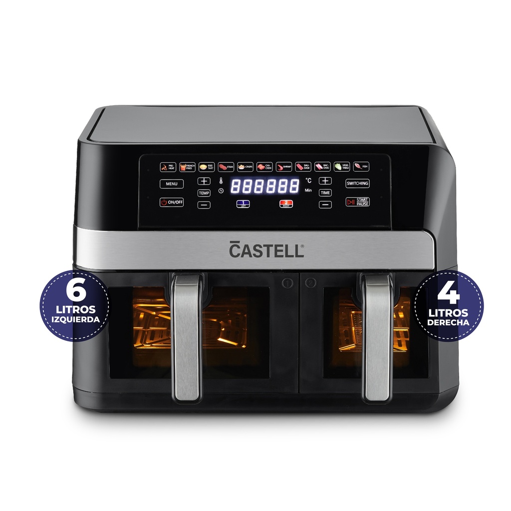 FREIDORA DE AIRE DUAL DIGITAL 6LT IZQUIERDA 4LT DERECHA 2000W 120V-60HZ GRIS/NEGRO -CASTELL