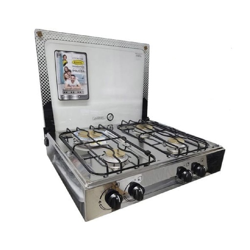 [POMPEYA 4Q] COCINETA KOMBO INOXIDABLE DE 4 QUEMADORES CON TAPA DE VIDRIO